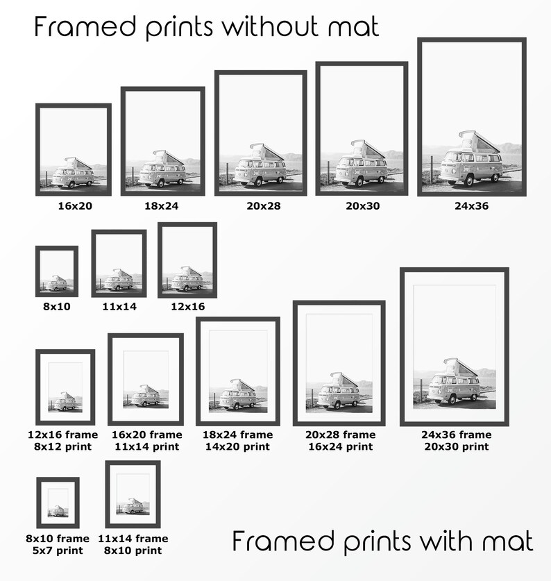 May include: A chart showing different frame sizes and print sizes for framed prints with and without mounts. The chart shows the dimensions of the frame and the print size inside the frame. The chart is in black and white and shows a photo of a vintage camper van.