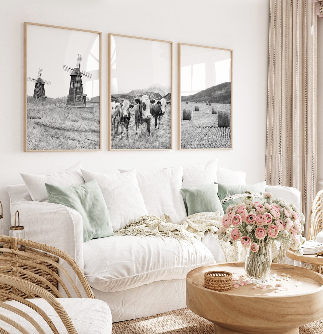 Black and White Farm Wall Art Windmill Poster Farmhouse Set of 3 Nursery Cow Poster Farm Animal