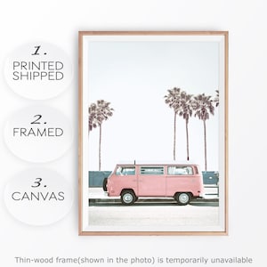 California Beach Print: Pink Van, Palm Trees, Summer Wall Art