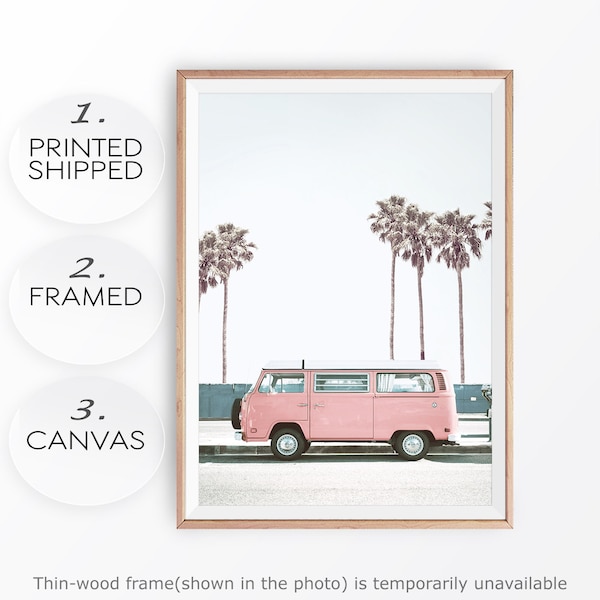 California Beach Life Poster Large Pink Van Print Summer Beach Decor Boho Van Photo Beach Theme Wall Art Decor Van Photography Canvas Beach