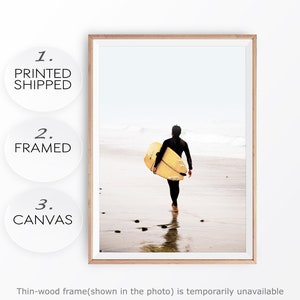 Surfing Beach Photo Yellow Surfboard Surfer Print Modern Surf Decor Ocean Art Print Surf Wall Art Beach Surfer Photo Canvas Surf Pictures