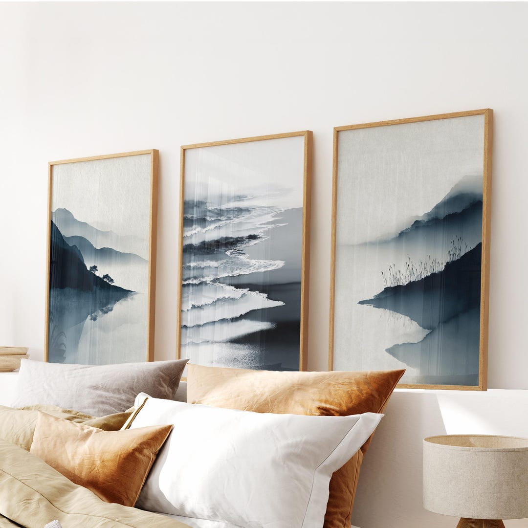 Blue Coastal Landscape Art Print: Minimalist Beach House Wall Decor ...