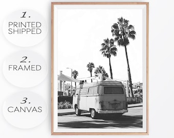 Retro VW Van Beach Print: California Coast Black and White Photography