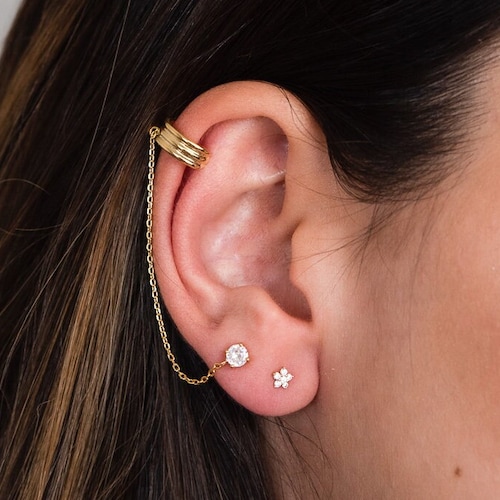 Leafs Ear Cuff With Chain Earring Set Silver Double Piercing Etsy