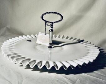Vintage Fenton Milk Glass Hobnail Server/Cup Cake/Wedding Serving/Ruffled EdgeTrau With Handle/Large Hobnail Party Platter