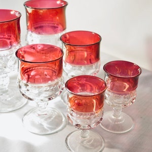 A COLLECTION of Vintage King Crown Thumbprint Tiffin Glass/Three Various sized Kings Crown Ruby Red Glass by TIFFIN/Place Setting for Six