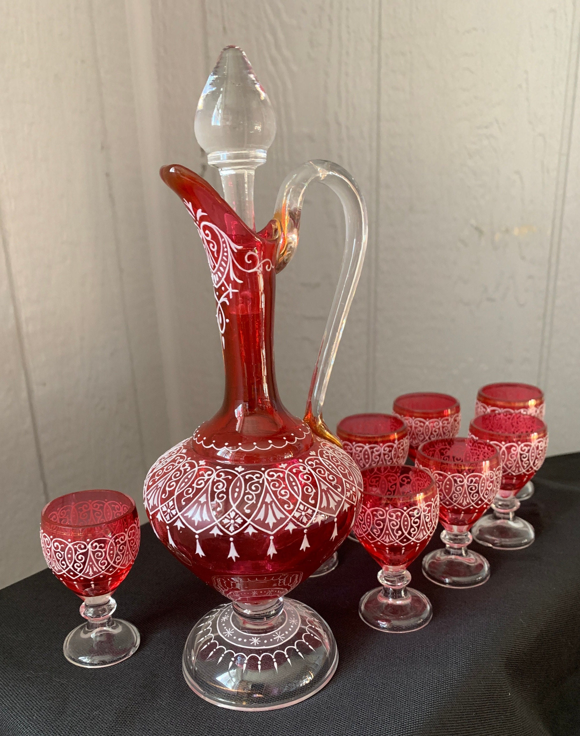 Decor Cristallerie Rose Decanter Set with Six Glasses - Signed - Some -  Ruby Lane