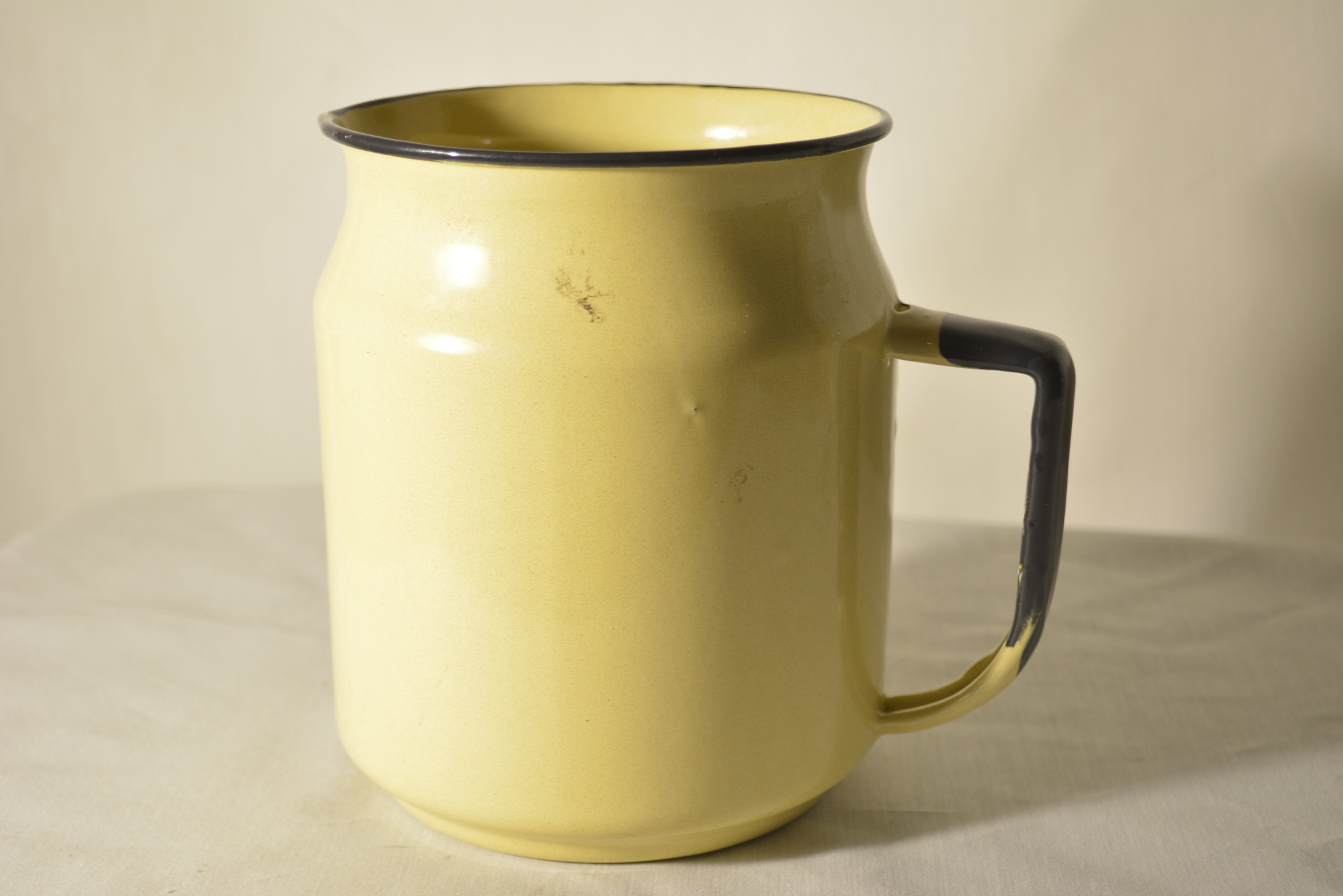 Farmhouse Perfect Antique Yellow Pitcher with Black Enamelware / Jug