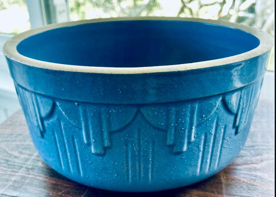 Ruckel’s White Hall Pottery Blue Glaze Mixing Bowl Art Deco Drape