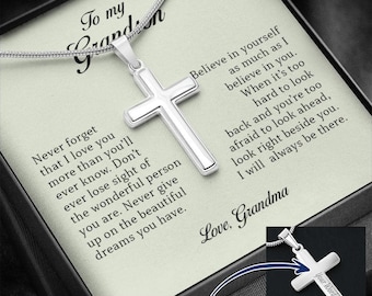 To My Grandson, Personalized Cross Necklace, Jewelry Card for Him, Best Birthday Gift, Christmas Gift Idea for Grandson, Cross Pendant Gift
