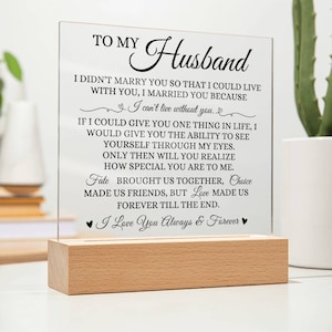To My Husband &quot;I Can&#39;t Live Without You&quot; Acrylic Plaque, Meaningful Gift for Husband, Gift from Wife, Best Birthday Christmas Gift for Him