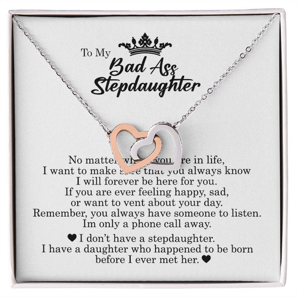 To My Badass Step Daughter, Gifts for Stepdaughter, Interlocking Heart Necklace, Present To My Bonus Daughter From Stepmom, Women's Jewelry