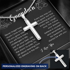 To My Grandson, Personalized Cross Necklace, Grandson Gift, Sentimental Message Card, Unique Birthday Graduation Christmas Gift for Grandson