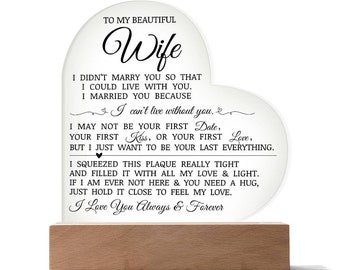 To My Beautiful Wife "I Can't Live Without You" Acrylic Heart Plaque, Wife Gift from Husband, Thoughtful Gift for Her, LED Heart Acrylic