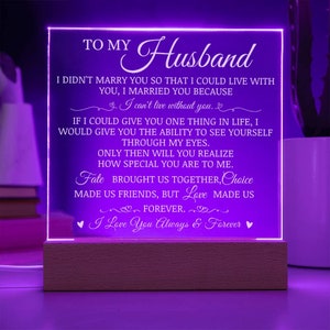To My Husband &quot;Can&#39;t Live Without You&quot; Acrylic Plaque, Husband Wedding Anniversary Gift, Unique Christmas Gift, Husband Gift, Husband Plaque