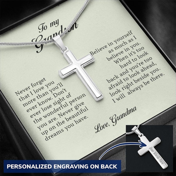 To My Grandson, Personalized Cross Necklace, Jewelry Card for Him, Best Birthday Gift, Christmas Gift Idea for Grandson, Cross Pendant Gift