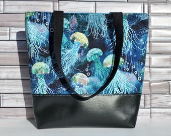 Aquatic Ethereal Jellyfish Large Tote Bag, Beachy Oceanic Library Book Bag