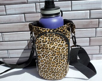 Leopard Print Water Bottle Sling, Animal Print Crossbody Beverage Holder Walking Bag
