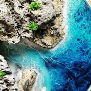 Coastal Moss Picture Wall Art - Handmade Epoxy Resin Art with Real Stones and Moss - Maritime Decoration