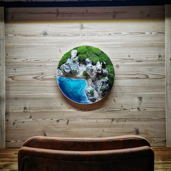 Küste Moosbild Wandkunst Echte Steine Wandbild Bild Resin Art Epoxidharz Ø 30-100cm Diorama "New Zealand Coast"