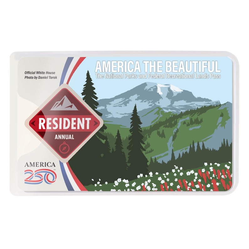 Puede incluir: Un pase rectangular de los Parques Nacionales de Am&eacute;rica, "America the Beautiful". El pase presenta un paisaje monta&ntilde;oso con el texto "America the Beautiful" y "Resident Annual". El pase tambi&eacute;n incluye el texto "America 250."