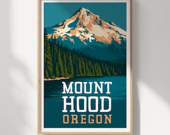 May include: A vintage-style travel poster featuring a scenic view of Mount Hood, Oregon. The mountain is depicted in a blue and white color scheme with snow-capped peaks. The poster has a teal background with the text "MOUNT HOOD OREGON" in white.