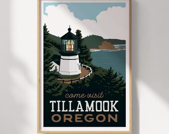 May include: A vintage travel poster featuring a lighthouse on a cliff overlooking the ocean. The poster is in a wooden frame and has the text "Come visit Tillamook Oregon" at the bottom.