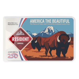 May include: A rectangular pass with the text "AMERICA THE BEAUTIFUL" and "RESIDENT ANNUAL". The pass features a graphic of two bison in a field with mountains in the background. The pass is white with red, white, and blue accents.