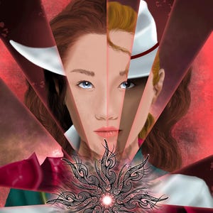 May include: A woman's face is split into multiple images, each with a different expression. The images are surrounded by red and white geometric shapes. A black and white mandala is in the center of the image.