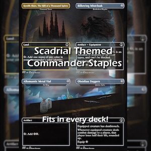 Puede incluir: Una colección de cartas de Magic: The Gathering con el tema "Scadrial Themed Commander Staples". Las cartas incluyen cartas de tierra, artefactos y equipo. El texto en las cartas dice "Fits in every deck!"