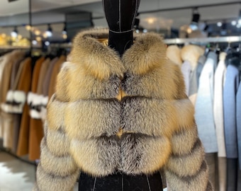Abrigo de piel de mujer con piel de zorro dorado real Chaqueta de lujo para mujer Abrigos de invierno para mujer Abrigos de lujo