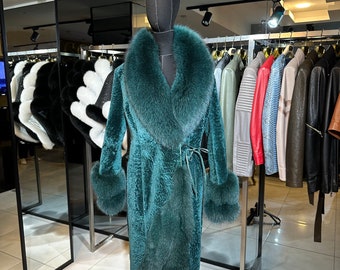 Casaco feminino de pele de carneiro genuíno com gola de pele de raposa real, jaquetas de inverno femininas – Casaco de luxo, presente de luxo para mulheres