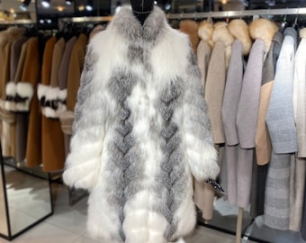 Abrigo de piel auténtica de zorro ártico para mujer. Chaqueta de lujo para mujer. Abrigos largos de invierno para mujer. Abrigos de lujo.