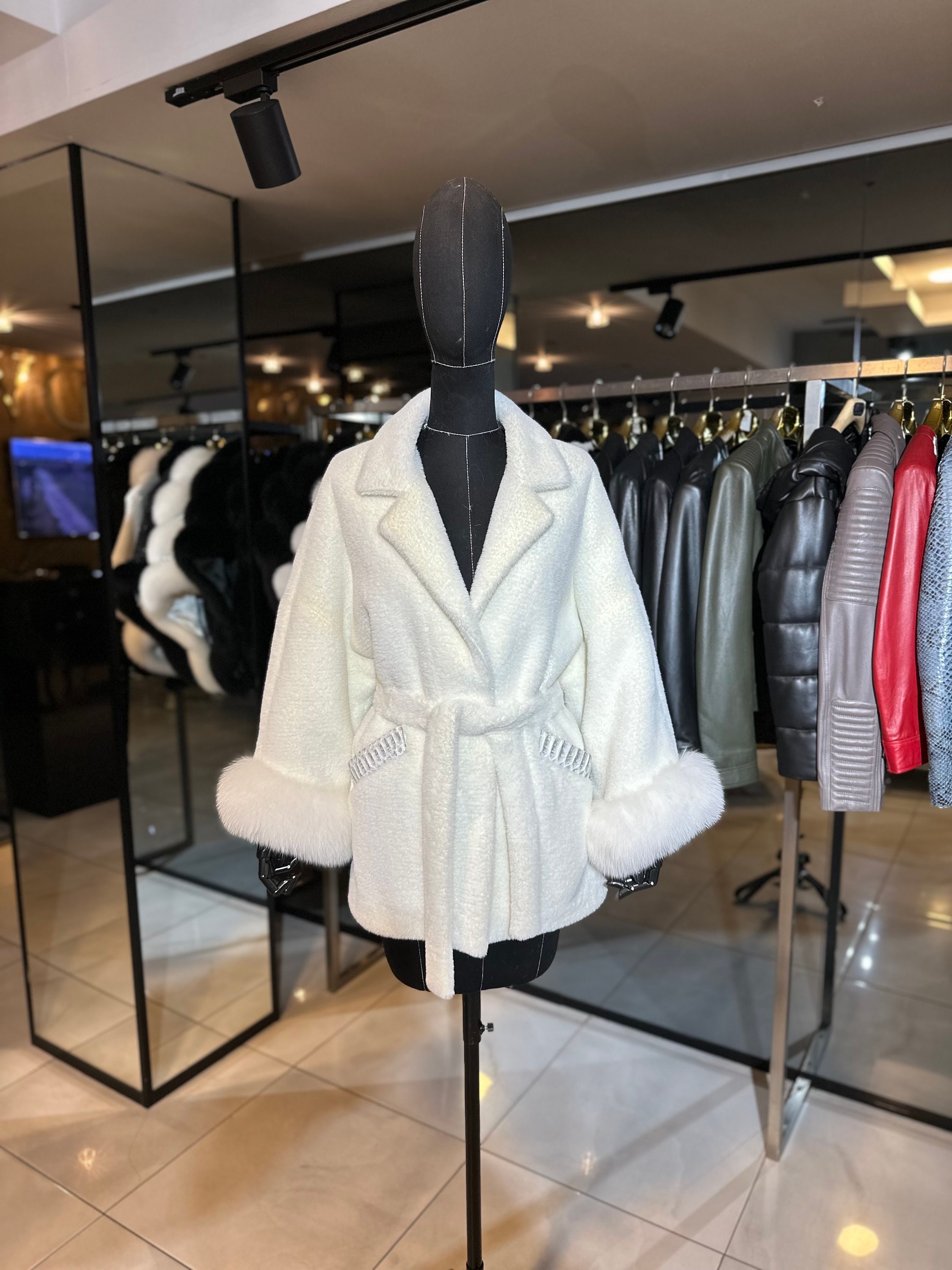 Buy White Vegan Fur Coat With Real Fox Fur and Real Python Leather - Main Image