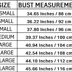 May include: A chart showing bust measurements in inches and centimeters for different sizes of clothing, from XXS to 3XL.