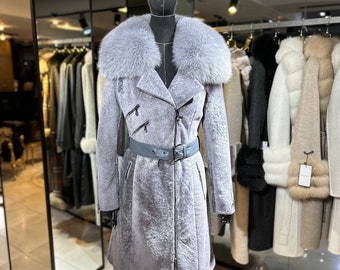 Genuine Shearling Women Coat with Real Fox Fur Collar Women's Winter Jackets – Luxury Coat Luxury Gift for Women