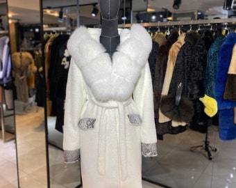 White Vegan Fur Coat with Real Fox Fur Hoodie and Real Python Leather  Details Women’s Winter Coats – Luxury Coats Long Winter Coats