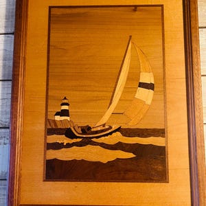 Framed Hudson River Inlay Wood Marquetry Artwork |Sailboat and Lighthouse | Signed by Jeff Nelson