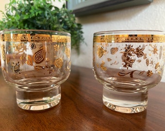 Vintage Culver Chantilly Footed on the Rocks Bar Glasses- 24 k gold accents-Set of 2
