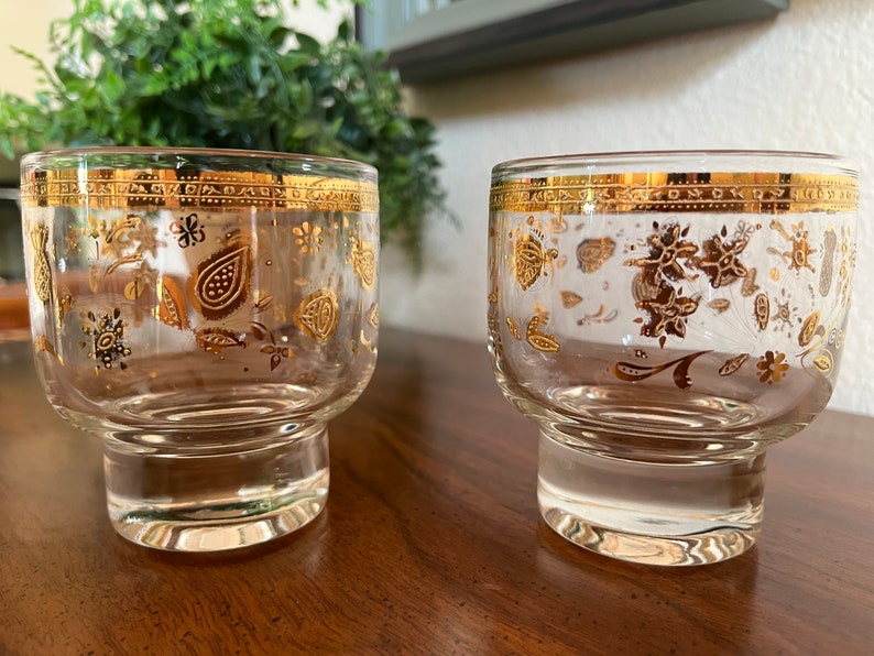 Vintage Culver Chantilly Footed on the Rocks Bar Glasses 24 k gold accents-Set of 2 image 1