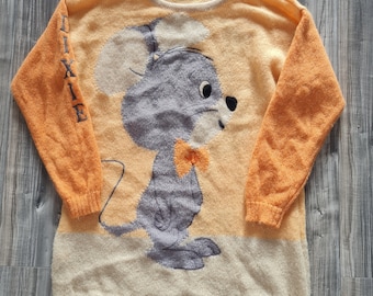 Surdimensionné/taille XL - pull en mohair vintage petite souris pull tricoté main