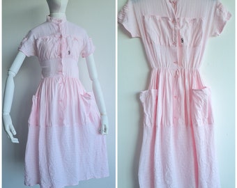 Talla XS o XXS - Vestido midi vintage de los años 70 en color rosa suave con SEIS bolsillos; talla pequeña; vestido de algodón de época; vestido de los 70