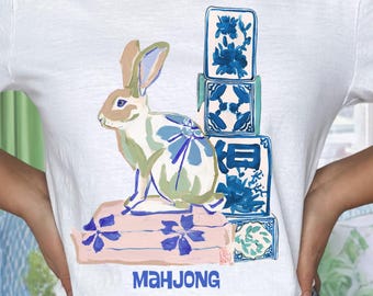 Mahjong Painted Rabbit Comfort Colors™ T-Shirt | Maximalist Preppy Bunny Mahjongg Tee | Mahj Game Night Shirt | Mah jongg Gift
