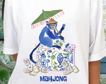 Mahjong Chinoiserie Monkey T-Shirt | Preppy Mahjongg Tee | Mahj Game Shirt | Mah jongg Gift