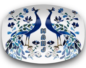 Mahjong Chinoiserie Peacocks "Bird Bam" Seving Tray Preppy Decor Platter, Mahj Party Hostess Gift, Birthday Gift Idea for Mah Jongg Players