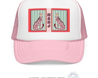 Mahjong Red + Green Chinoiserie Cheetah Trucker Hat, Maximalist Mah Jongg Leopard, Preppy Mahj Ballcap, Stylish Game, Group Gift for Hostess