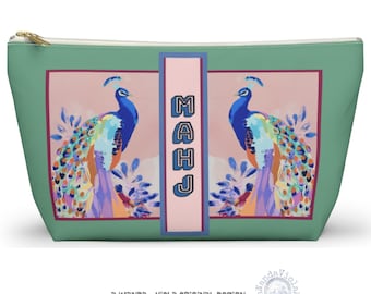 Bolsa para fichas de Mahjong con diseño de pavos reales / Estuche para monedas y dados estilo maximalista preppy / Regalo para grupo o anfitriona de Mahjong