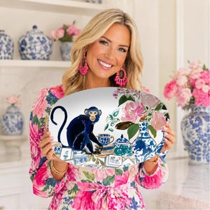 Mahjong Serving Tray Chinoiserie Monkey Platter Blue White Pattern Game Night Essentials Hostess Appreciation Gift Palm Beach Style Grandmillennial Entertaining Tableware Ginger Jar Design Floral Details Party Serving Collection Group Prize