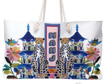 Mahjong Chinoiserie Cheetah w/ Pagoda Tote Bag | Maximalist Preppy Mahj Travel, Mah Jongg Mahj Friend Gift, Hostess Present Accessories