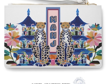 Mahjong Chinoiserie Cheetah w/ Pagoda Card Clutch | Maximalist Preppy Mahj Accessories Case | Faux Leather Mah Jongg Holder